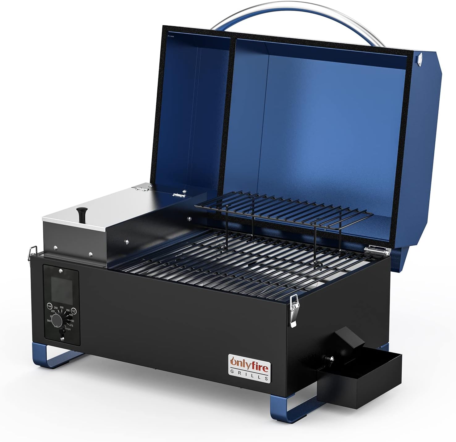 Onlyfire Portable Wood Pellet Grill, Tabletop Outdoor Smoker with Auto Temperature Control, LED Screen, Meat Probe & 2 Tiers Cooking Area, 8 in 1 BBQ Grill for RV Camping Tailgating Cooking, Blue