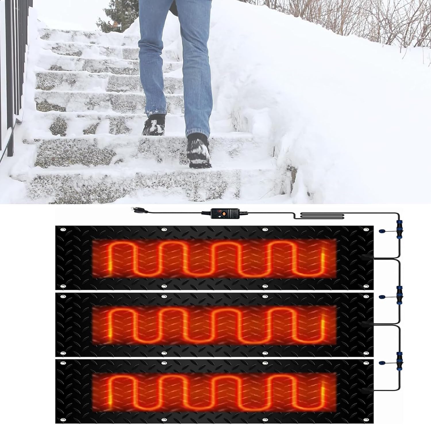 Heated Snow Melting mat, Rubber Heated Snow and Ice Melting Mat, w/Power Cord, for Winter Outdoor Stairs, Steps, Doorways, Walkways, Driveway,3 Pcs-30x90cm/12x36in