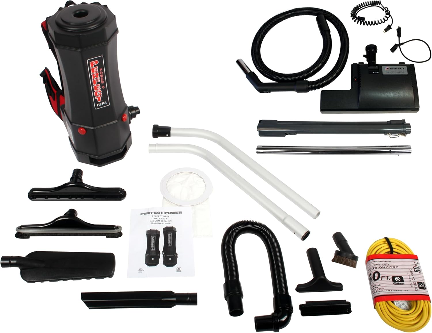 Cen-Tec Systems 99120 HEPA Commercial Backpack Vacuum with Electric Power Nozzle Attachment Set, 6 Qt, Black