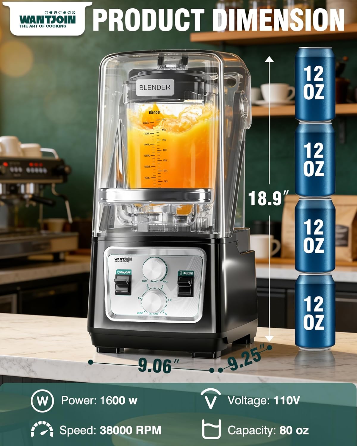 WantJoin Commercial Blender- 80Oz Quiet Shield Smoothie Blender, 1600W Professional Ice Crusher with 6 Blades & 15 Speeds, High-speed Ice Drink Maker for Restaurant Café Home, Dishwasher Safe