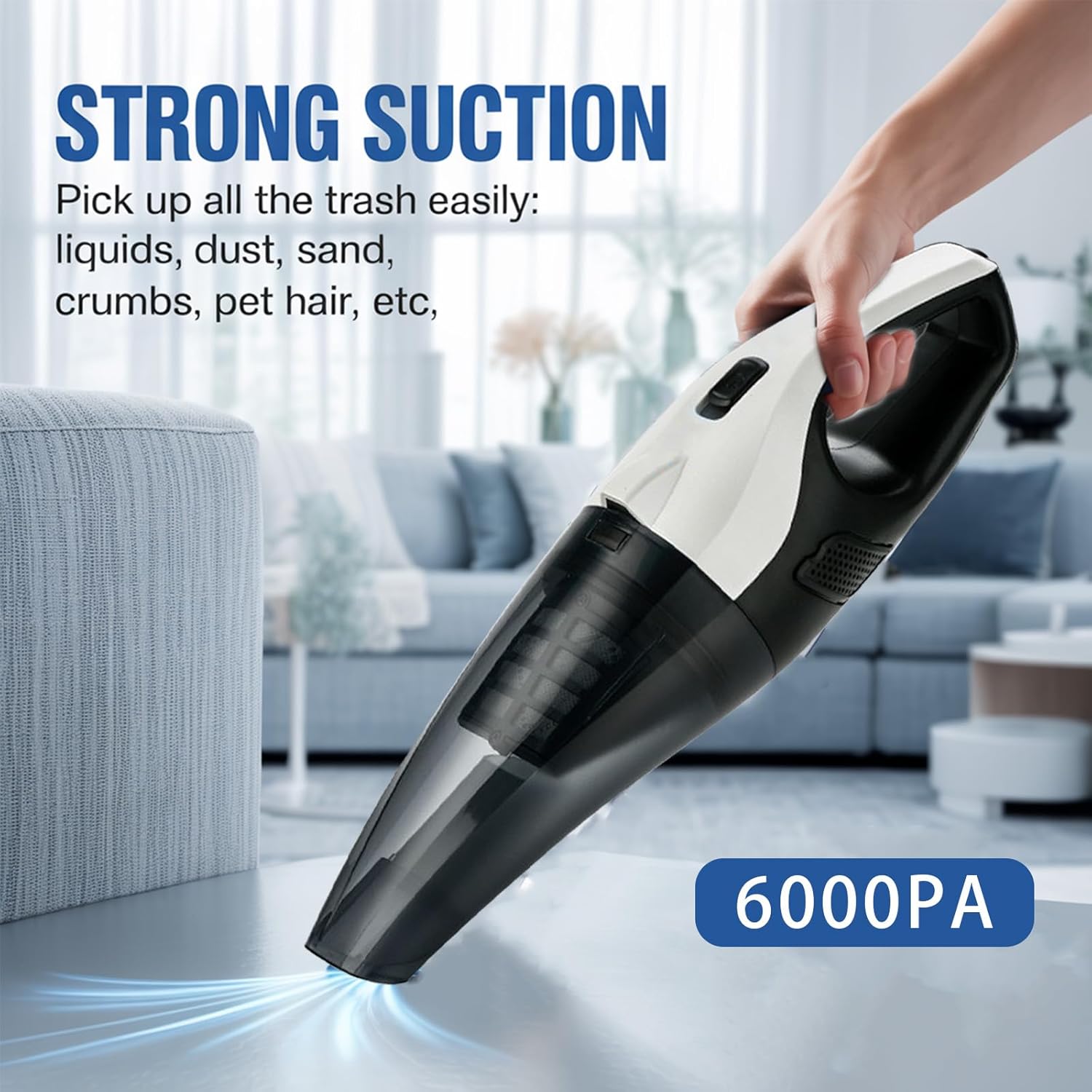Handheld Cordless Vacuum, 6000Pa Strong Suction Car Vacuum Cleaner, Rechargeable Wet Dry Portable Hand Vacuum with LED Light, 7 Attachments for Home, Car, Pet Hair (Wet and Dry Separation(6000pa))