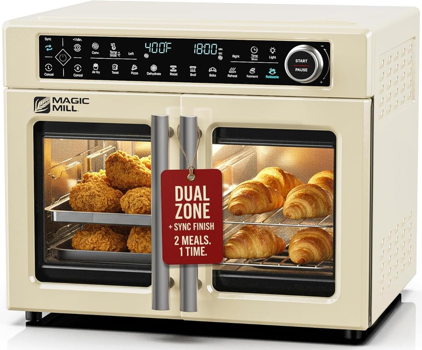Magic Mill Ultra-Premium Dual-Zone Stainless Steel Air Fryer Toaster Oven Combo, Extra Large 32QT French Door Convection Oven with Next-Gen Patent Technology, 13 Accessories, Rotisserie, Sync Finish