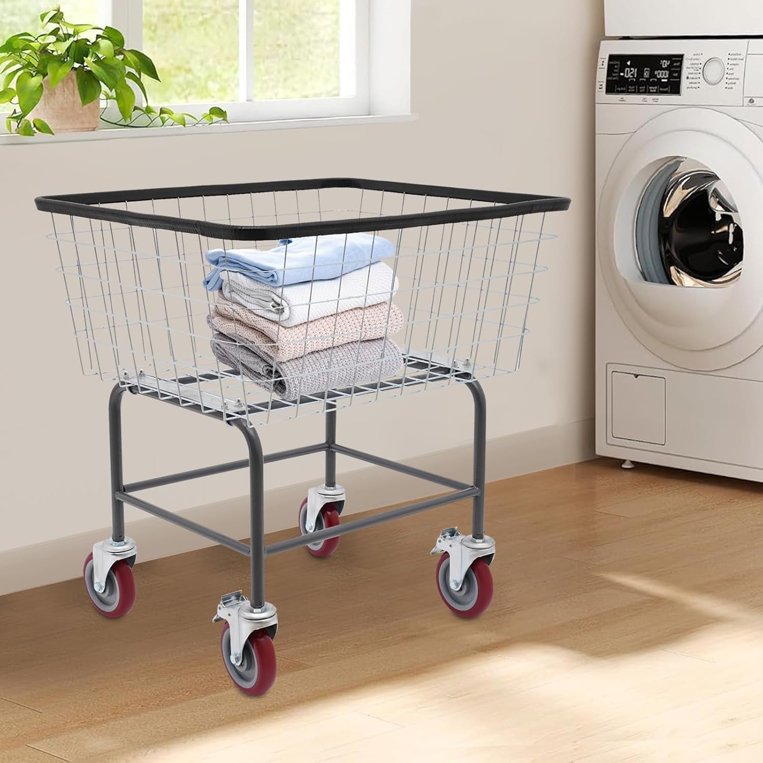 Heavy Duty Steel Wire Laundry Cart with Wheels, Rolling Laundry Basket Galvanized Frame & 4 Casters, Industrial Bumper for Homes, Hotels, Bathrooms, and Commercial Laundries