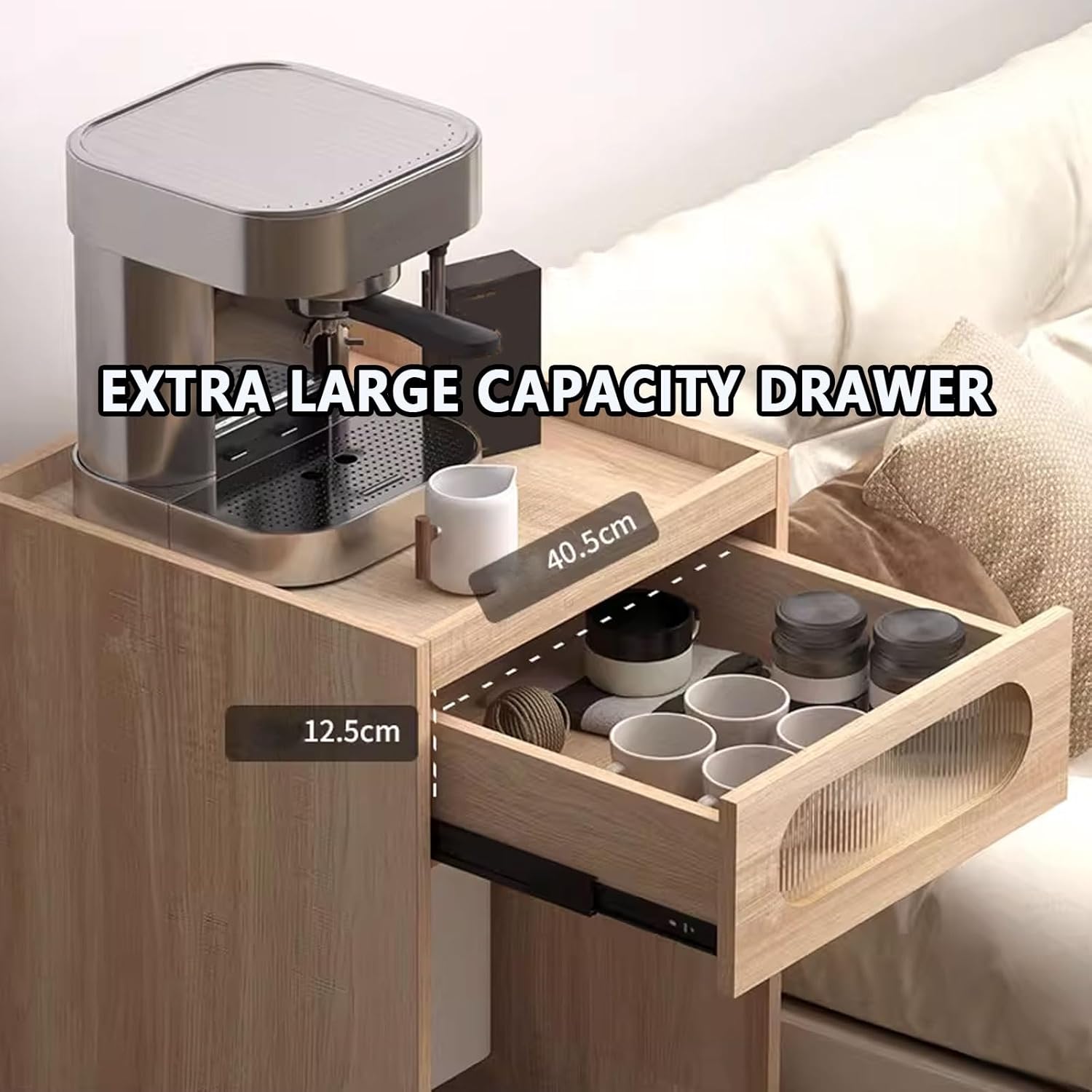 Coffee Bars Cabinet with Drawer Tall Robot Vacuum Hidden Cabinet Pull-Out Top Panel Top Antis-Fall Edge Design Multi-Functional Modern Vacuum Storage Stand 3 Colors(Natural,50 * 50 * 82.5cm)