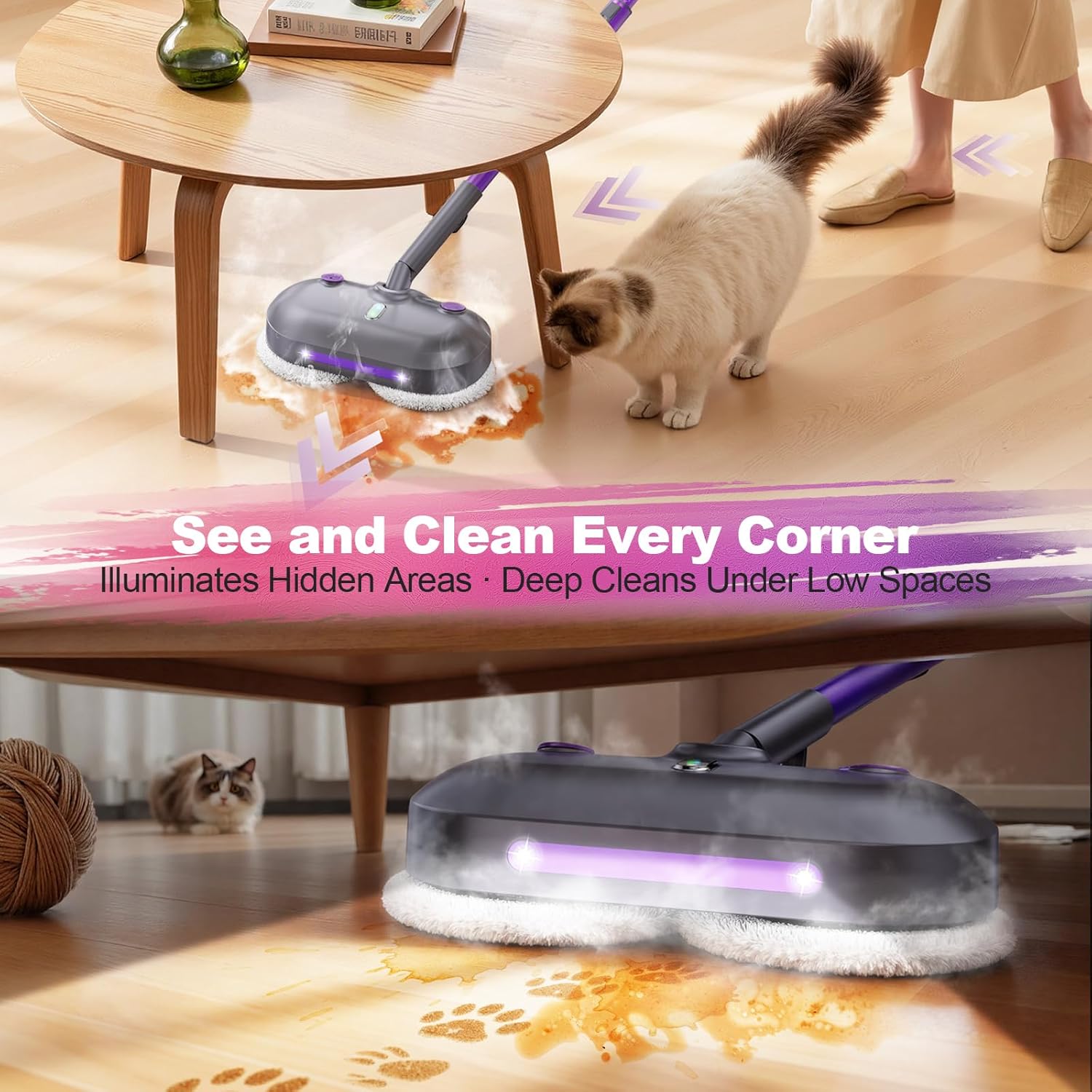 Scrubbing Steam Mop with Rotating Pads, All-in-One Spin Steam Cleaner for Floor Cleaning, Large Tank, 23FT Cord, LED Headlights, Reusable Pads & Self-Standing, Safe for Hard Floor/Laminate/Marble