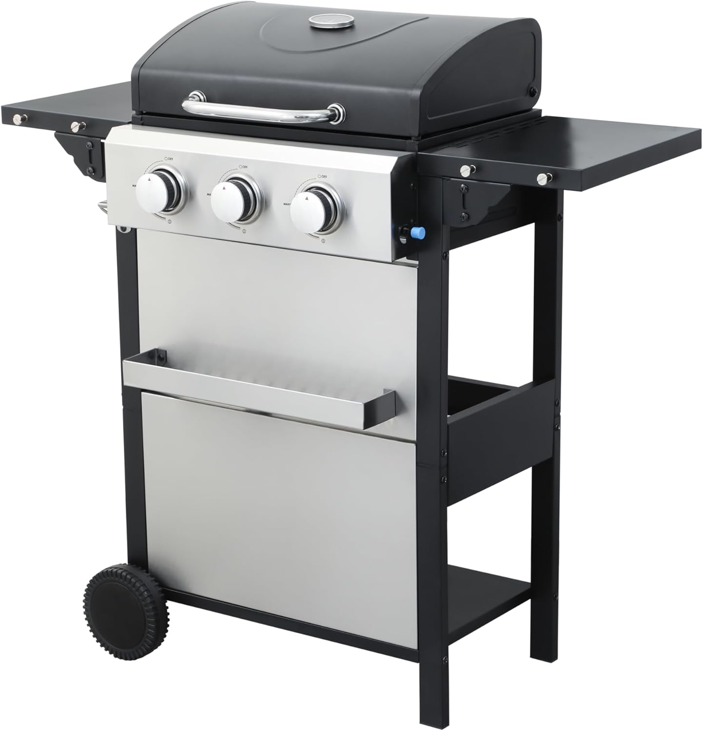 3-Burner Propane Gas BBQ Grill - 25650BTU, Wire Enamel Cooking Grids, Foldable Side Table, Stainless Steel Warming Rack, Outdoor Use (Black+Silver)