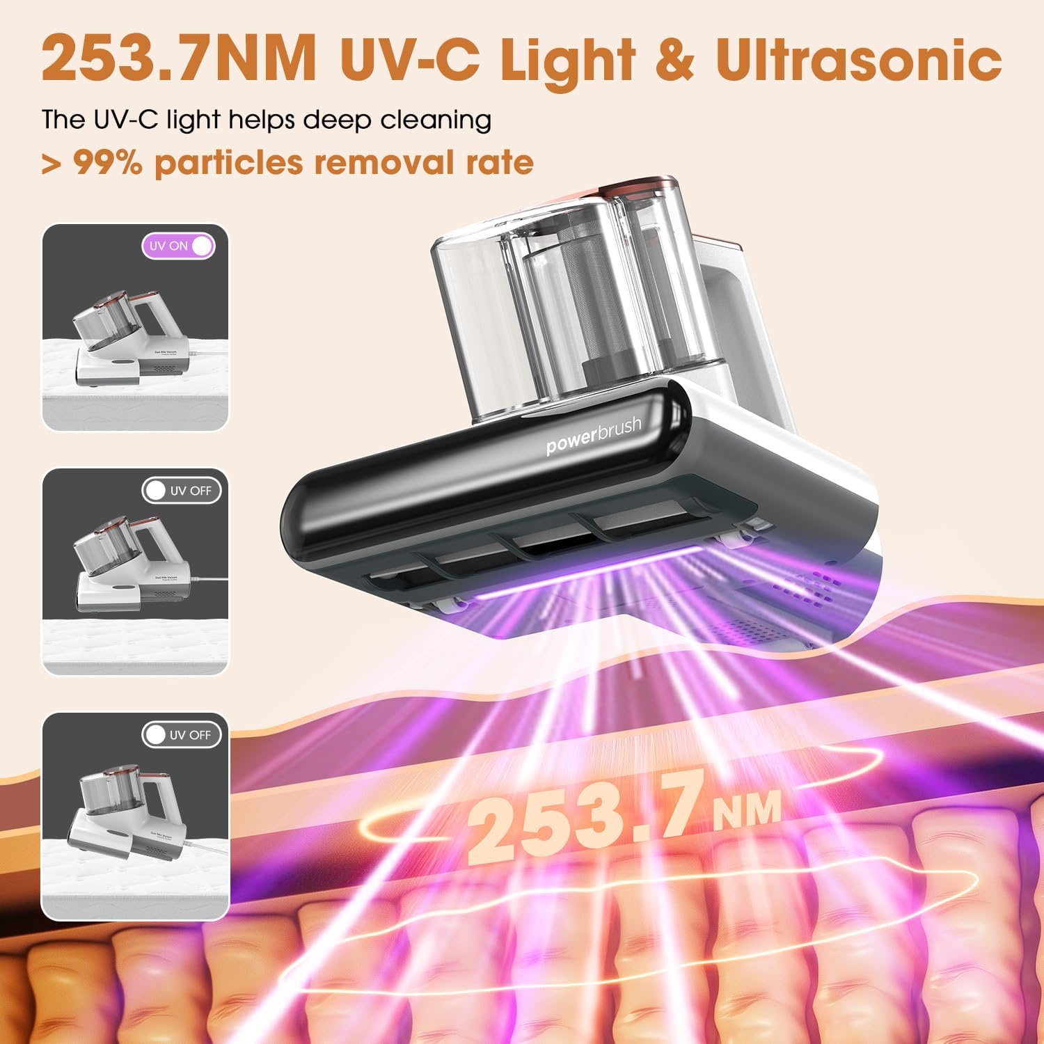DEVINC Mattress Vacuum Cleaner, 16 KPa Bed Vacuum Cleaner with 253.7nm UV-C Light, HEPA Filter & Heating Tech, Handheld Vacuums for Bed, Sofa, Couch, Crib, Fabric Surfaces(Corded)