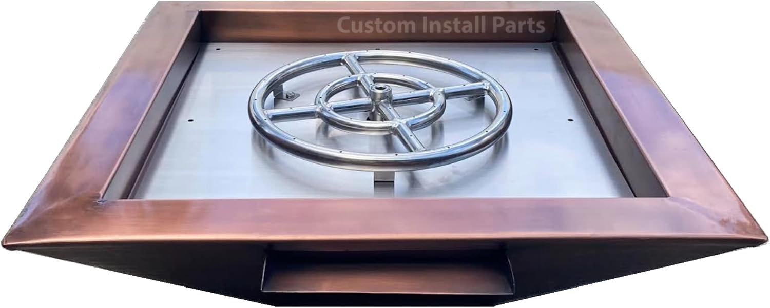 24 Inch Square Hammered Copper Metal Outdoor Propane or Natural Gas Fire Pit with Waterfall Fountain Water Stream Feature