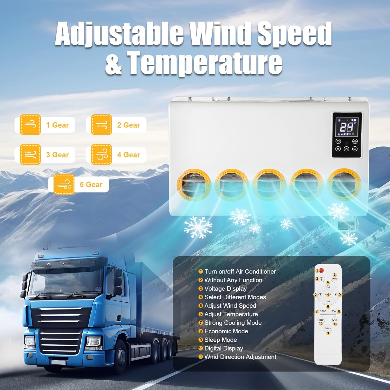 12V Universal Truck Parking Air Conditioner Unit DC Fast Cooling,Truck Air Conditioner Camper A/C Unit 6 Hours Using 6800 BTU For RV,Truck,Farm Car,Van,Excavator,Bus,Car,Pickup,Etc