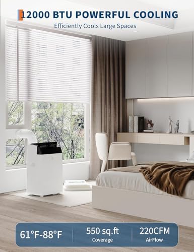 12,000 BTU Portable Air Conditioner – Smart AC Quiet 48dB Cooling for Rooms up to 550 Sq.Ft, 3-in-1 Cool, Dehumidify & Fan | Drain-Free, Remote Control & 24H Timer for Bedrooms Indoor