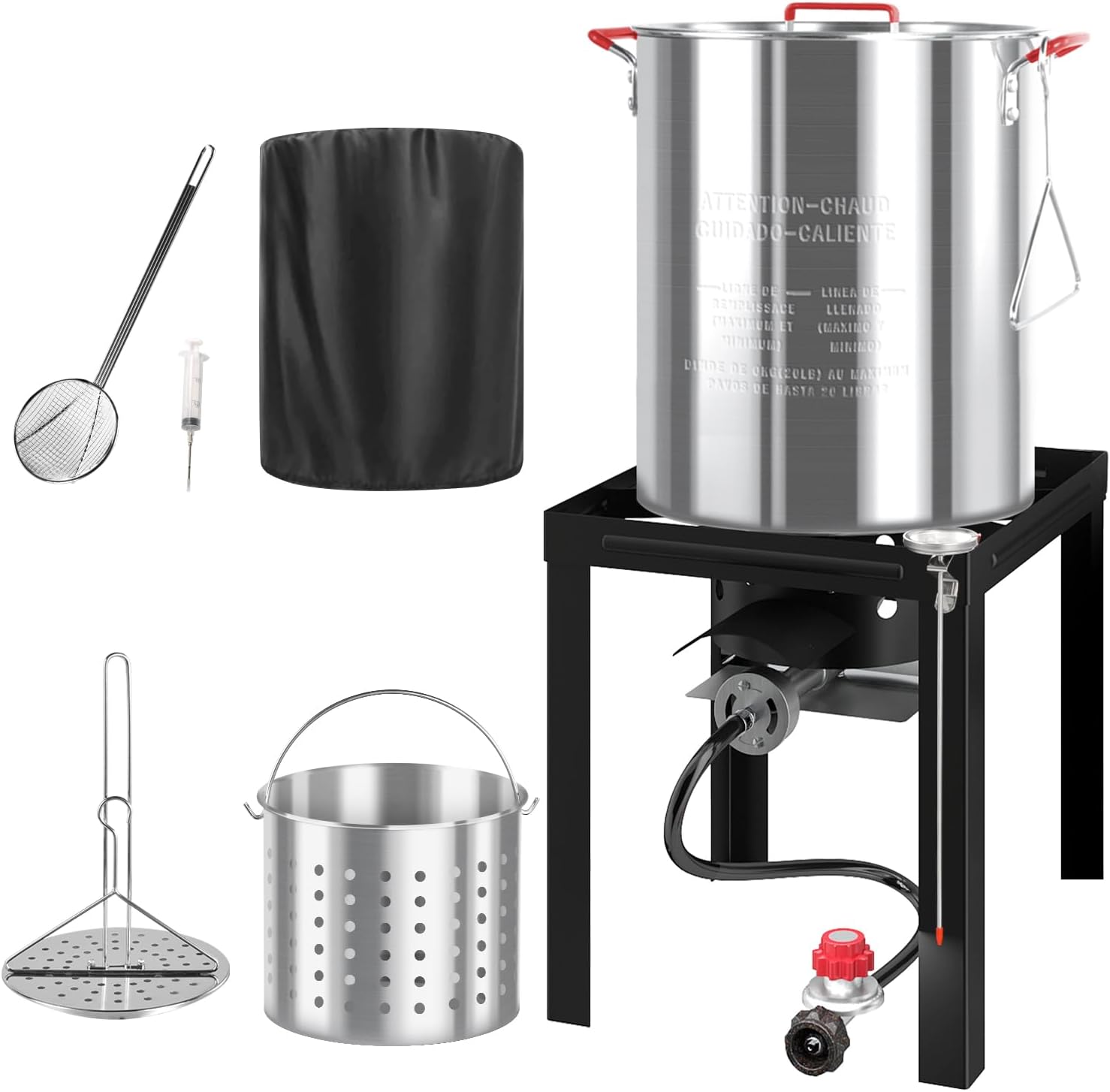 Outdoor Turkey Fryer Kit with Dust Cover | 36QT Pots | Aluminum | Deep Fryers with Basket and Burner | Propane Stove | 50,000BTU Output | Stianless Steel Skimmer | Ideal for Cooking Turkey & Fish
