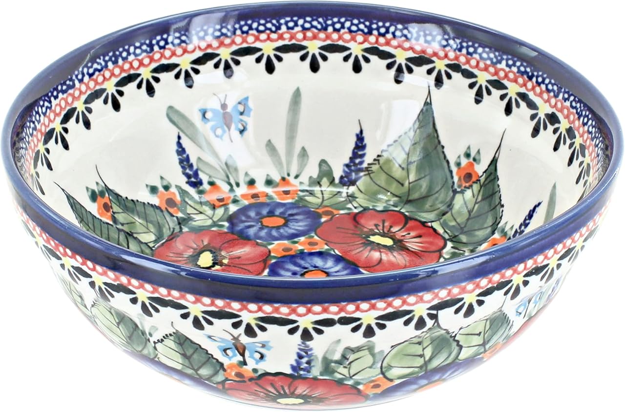 Blue Rose Polish Pottery - Red Floral Butterfly Cereal/Soup Bowl - 6.7