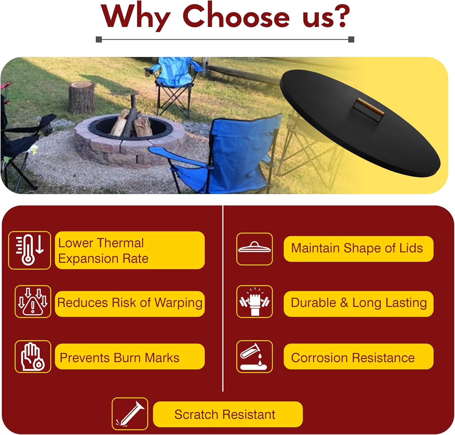 31” Fire Pit Cover Lid Round - Fit for 29 Round Fire Pit Lid for Outdoor Fireplace Cover Lid - Steel fire pit metal cover with Wooden Handle & Powder Coating Snuffer Lid for Patio Fire Pit Ring