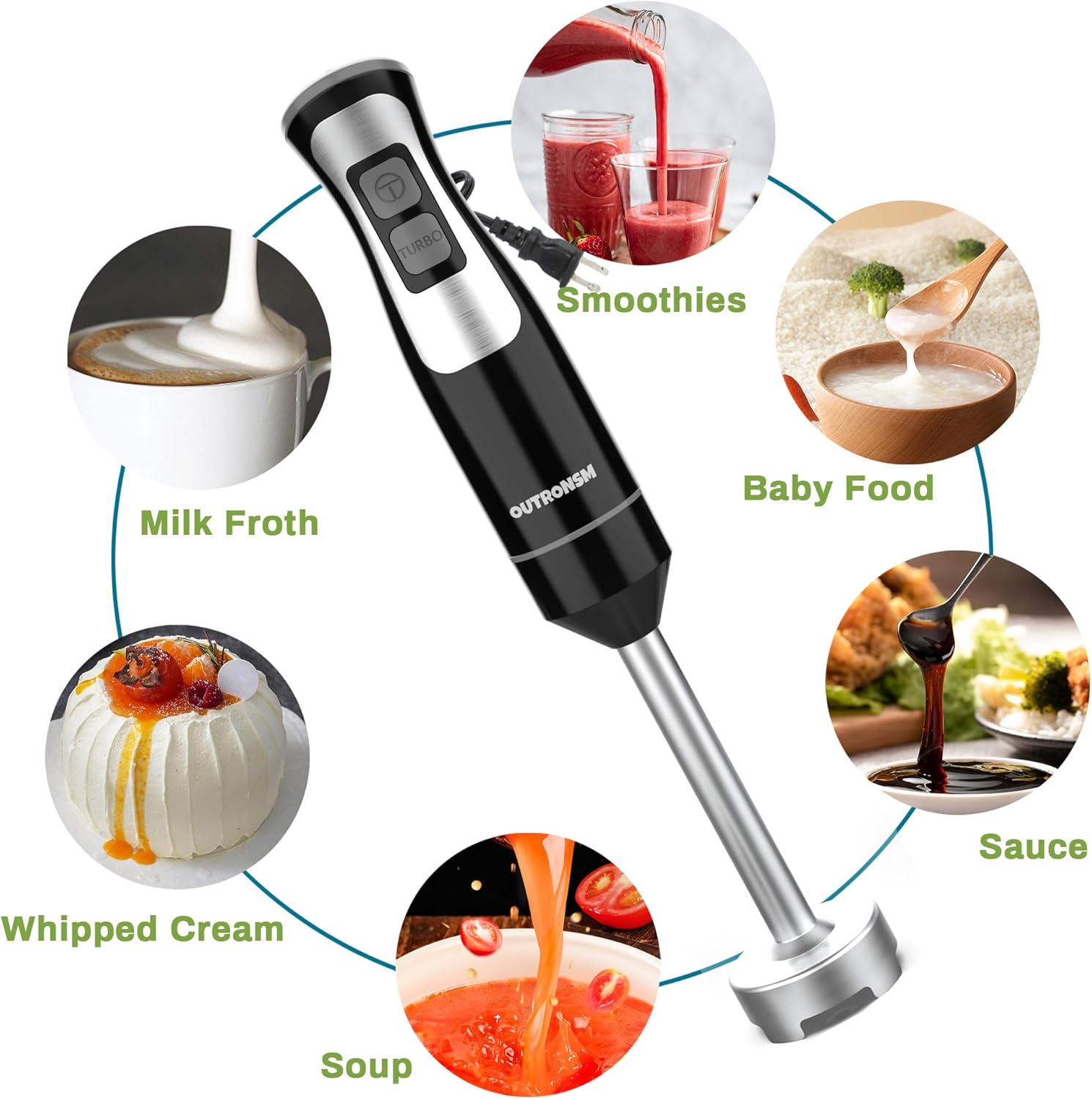 Immersion Blender Handheld, OUTRONSM Hand Blender with 4-point thickened SS blades, Milk Frother, Egg Whisk for Coffee Milk Foam, Puree Baby Food, Smoothies, Sauces and Soups – Black