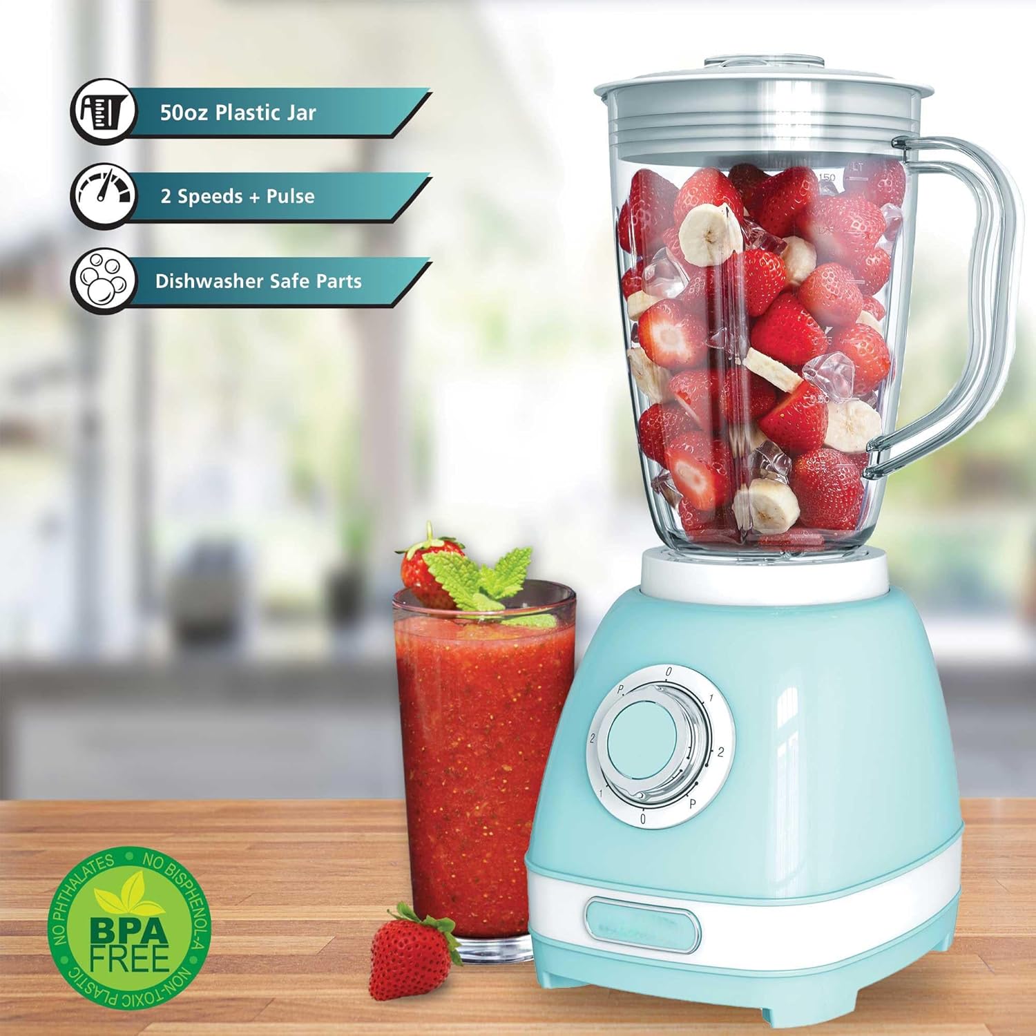 Retro 2-Speed Electric Blender with 50 Oz BPA-Free Jar – Ice Crushing & Smoothie Maker with Stainless Steel Blades, Pulse Function, Dishwasher Safe, Blue