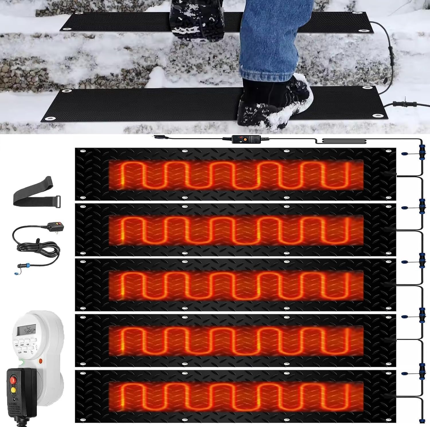 Snow melt mat with Timer, Outdoor Heated Driveway mat, Snow melt mat with Power Cord, for Winter Stairs, Steps, doorways, Sidewalks(5Pcs,10x48in/(25.4x120cm))