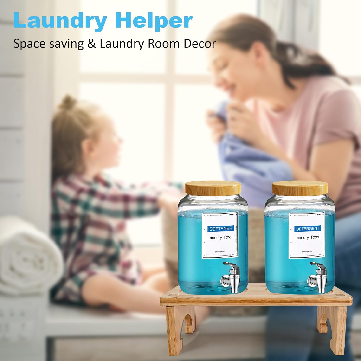 Laundry Detergent Dispenser,with Bamboo Stand 2 Sets 1 Gallon Glass Liquid Laundry Detergent Dispenser,for Bleach, Fabric Softener,Laundry Soap Dispenser,for Laundry Room Organization and Storage