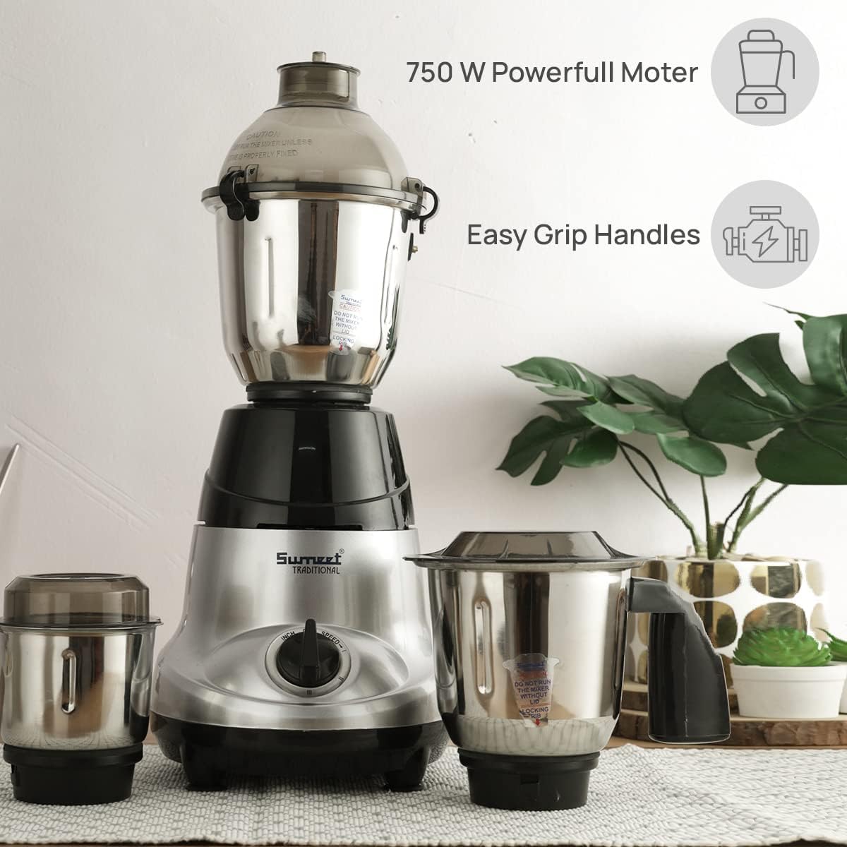 Sumeet Tradtional 750 Watts / 110V Mixer Grinder with 3 Stainless Steel Jars Countertop, Blender Indian Mixer Grinder For Canada/USA (Amica BlackGrey)