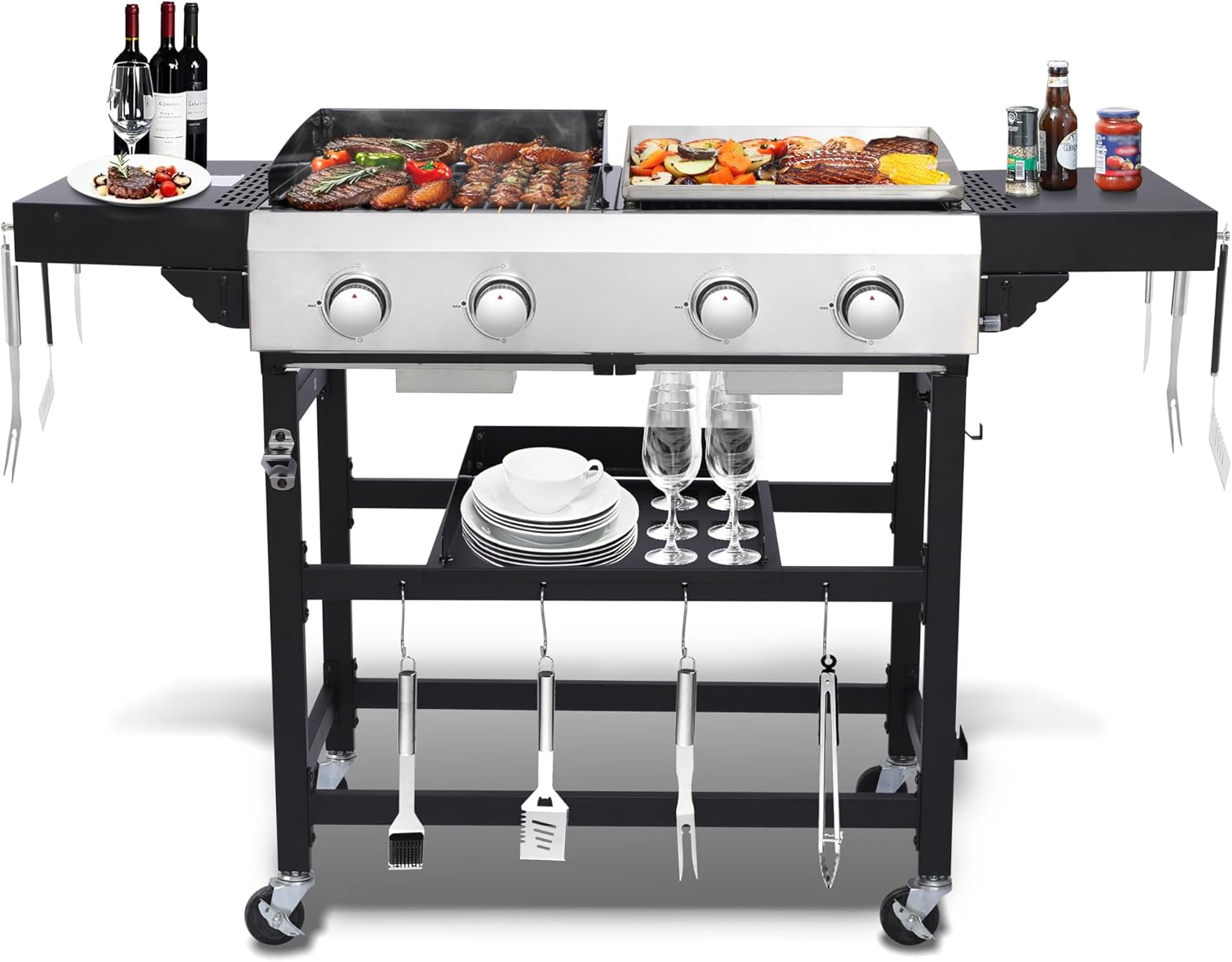 4 Burner Propane Gas Grill and Griddle Combo with Foldable Side Table, 470 sq in Cast Iron Grate & 248 sq in Flat Top, 38,200 BTU Outdoor BBQ Grill for Outdoor, BBQ, Camping