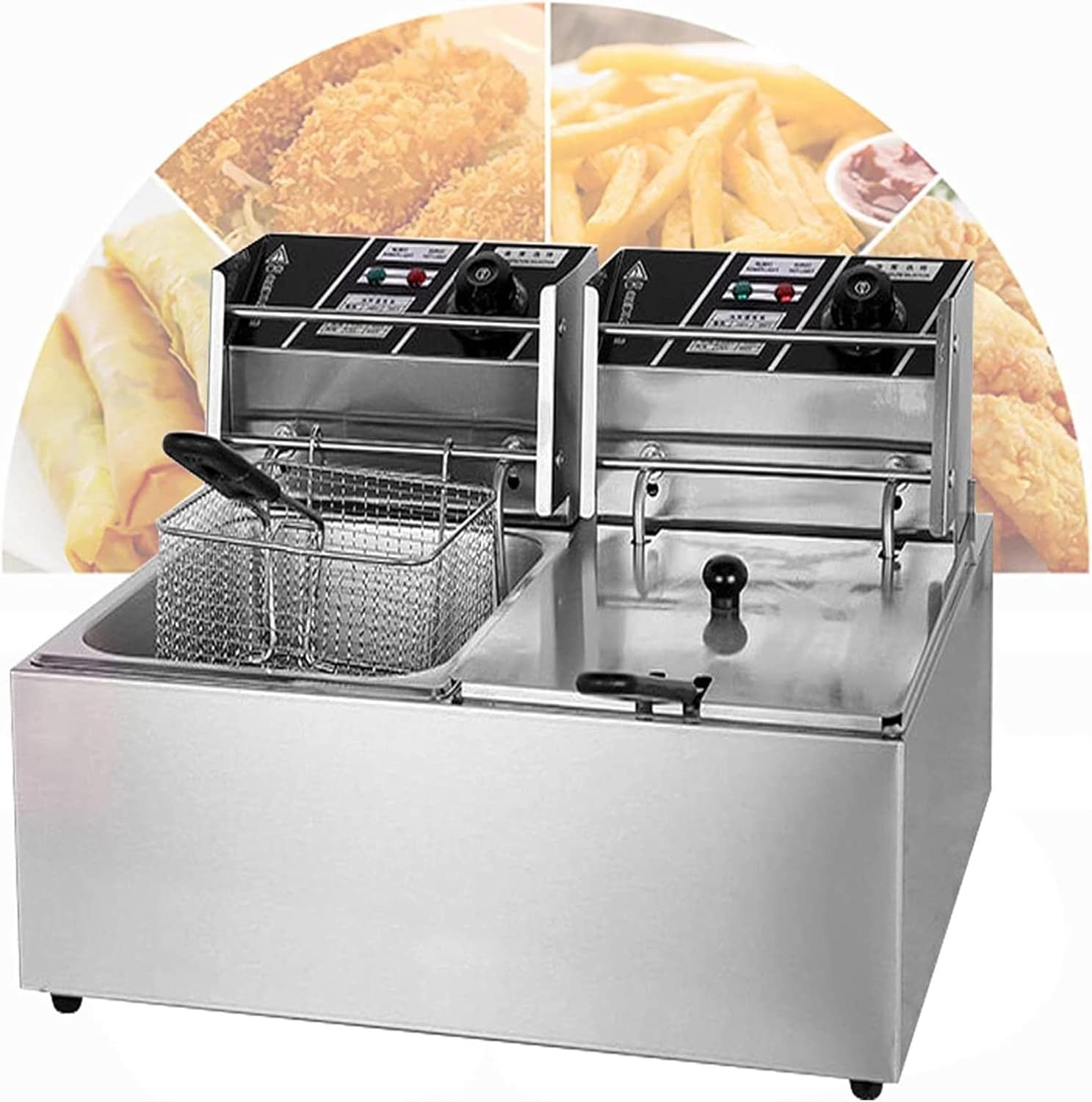2500W Electric Deep Fryer, Commercial Deep Fryers with Lids and Oil Basketes, U-Shaped Heating Tube, Temperature Regulation, for Commercial and Home Use, Easy t（6L+6L+2xFried Baskets）