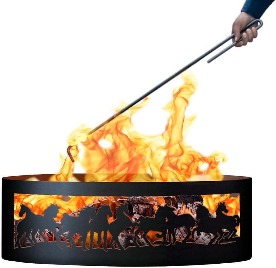 PD Metals MR00430-FP Mustangs Unpainted 12 in. Tall 30 in. Diameter Outdoor Fire Ring with Fire Poker - 30 x 30 x 12 in. - Rustic Black Color