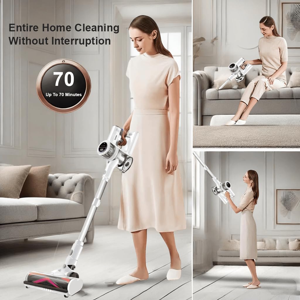 Cordless Vacuum Cleaner, 600W 55Kpa 70Mins Stick Vacuum Cleaners for Home, AUTO Dust Detection/LED Touch Display, Rechargeable Wall Mount, Wireless Handheld Vacuum for Pet Hair/Carpet/Hard Floor