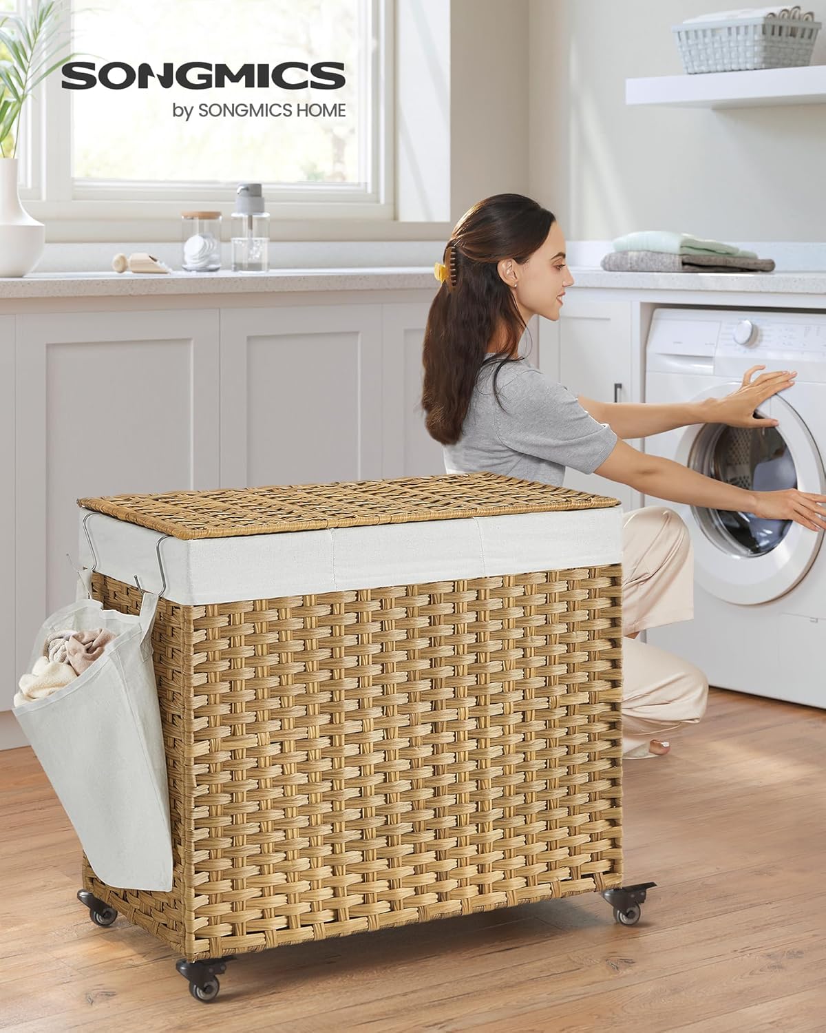SONGMICS Laundry Hamper with Lid, 42.3 Gallons (160 L), Rolling Laundry Basket with Wheels, 3-Section Synthetic Rattan, Removable Liner, Bedroom, 29.9 x 13 x 26 Inches, Natural ULCB365N01