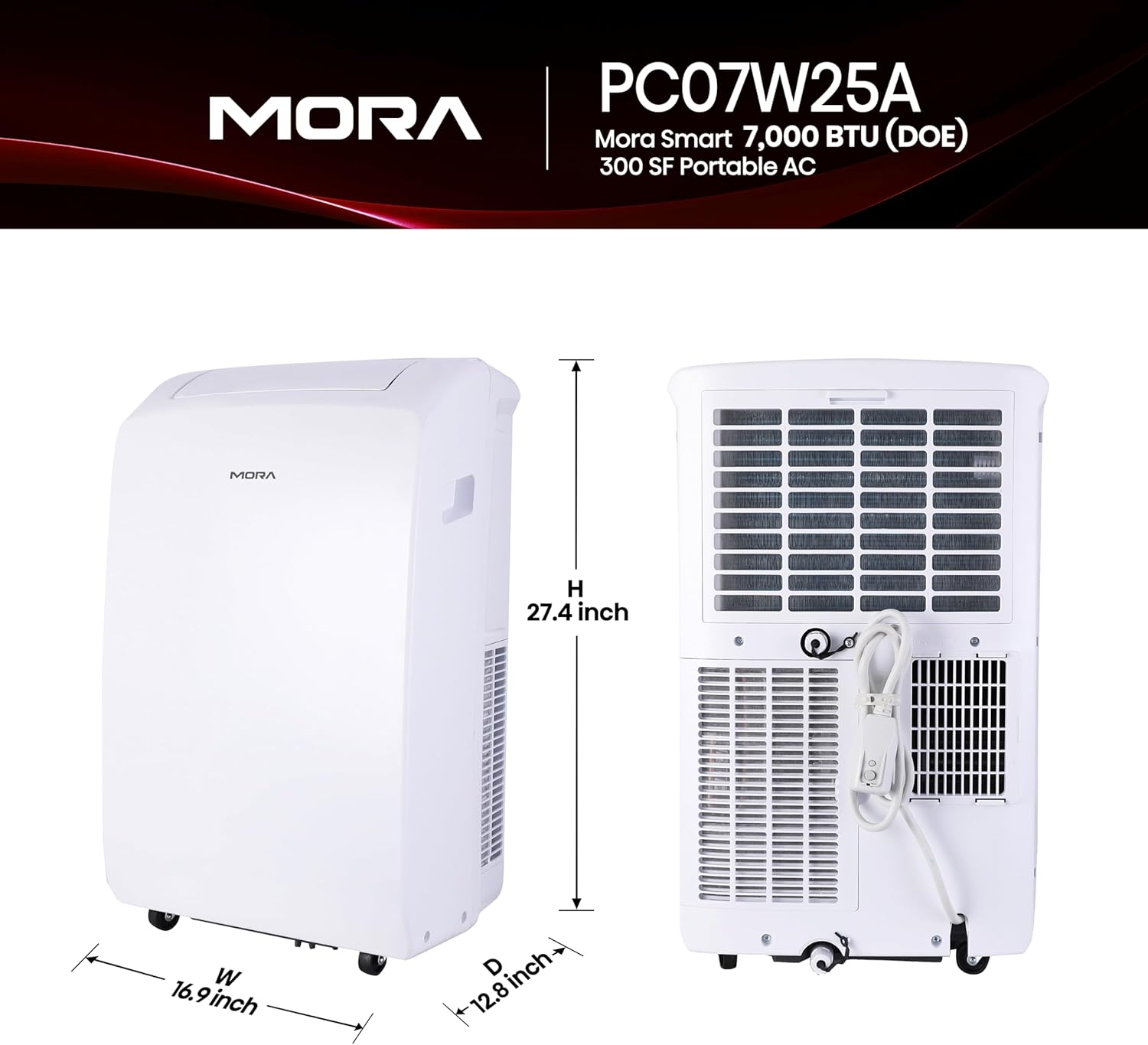 Mora Mora by Hisense Smart 7,000 BTU (DOE), 10,300 BTU (ASHRAE), 300 SF Portable AC, 3 Operating Modes (Cool, Dry, Fan), Remote and Window Vent Installation Kit Included, Goole Home & Alexa Support