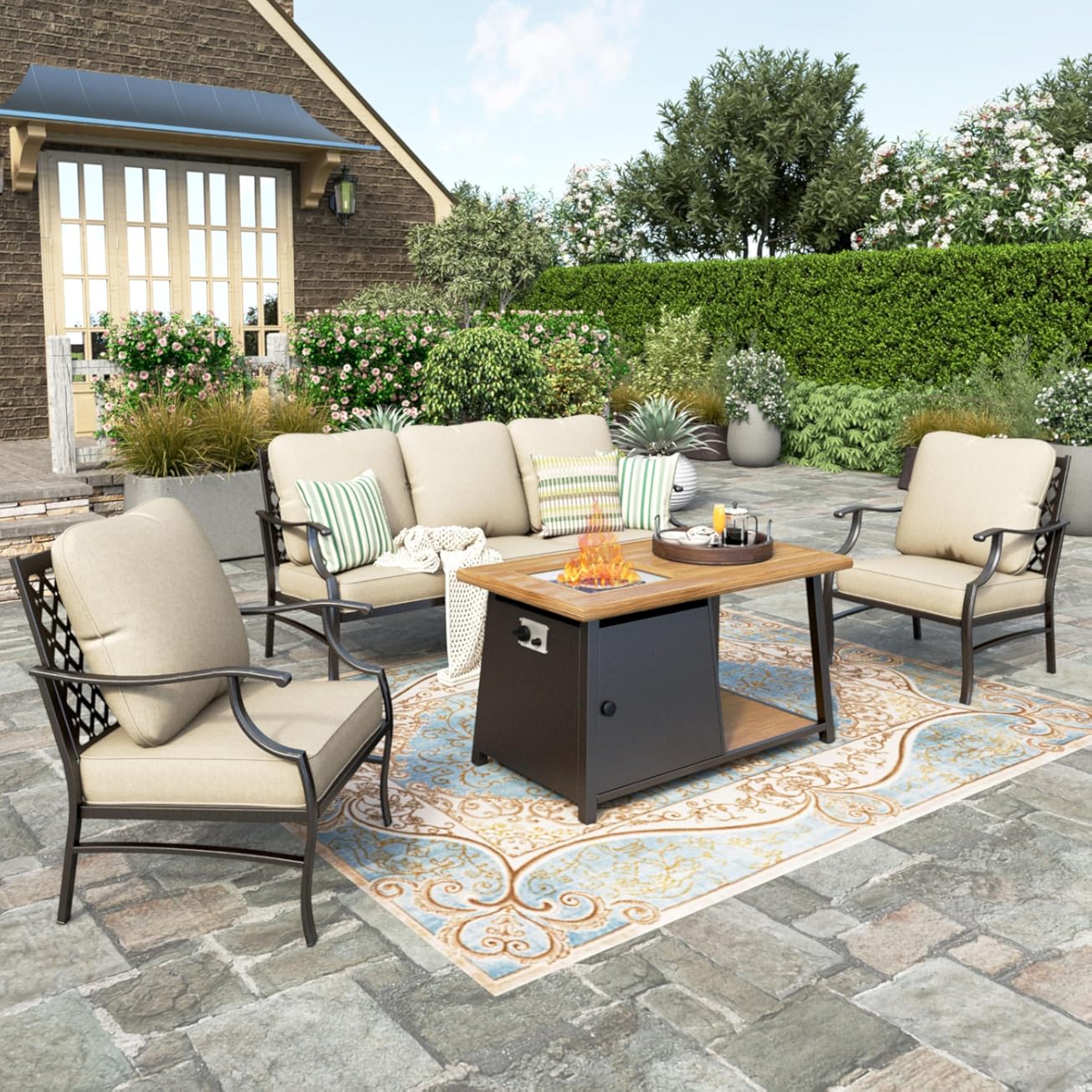 HERA'S HOUSE 4 Pieces Patio Fire Pit Furniture Set, 2 x Single Chair, 3-Seat Sofa with 46