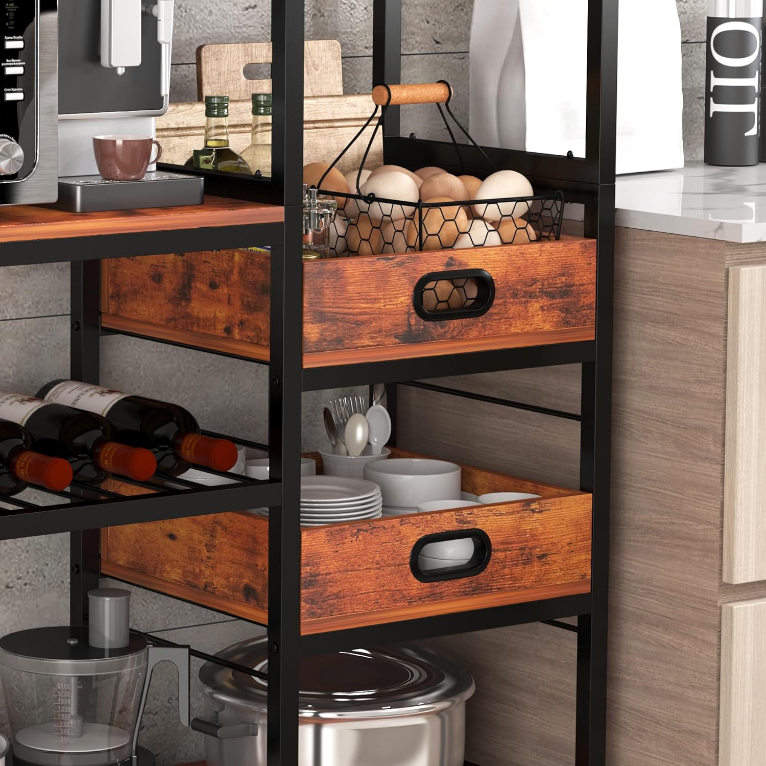Bakers Rack with Power Outlet,Industrial Microwave Oven Stand with Wooden Serving Trays and Wine Rack,6-Tier Free Standing Kitchen Storage Shelf Bakers Rack,Kitchen Rack Organizer with Storage