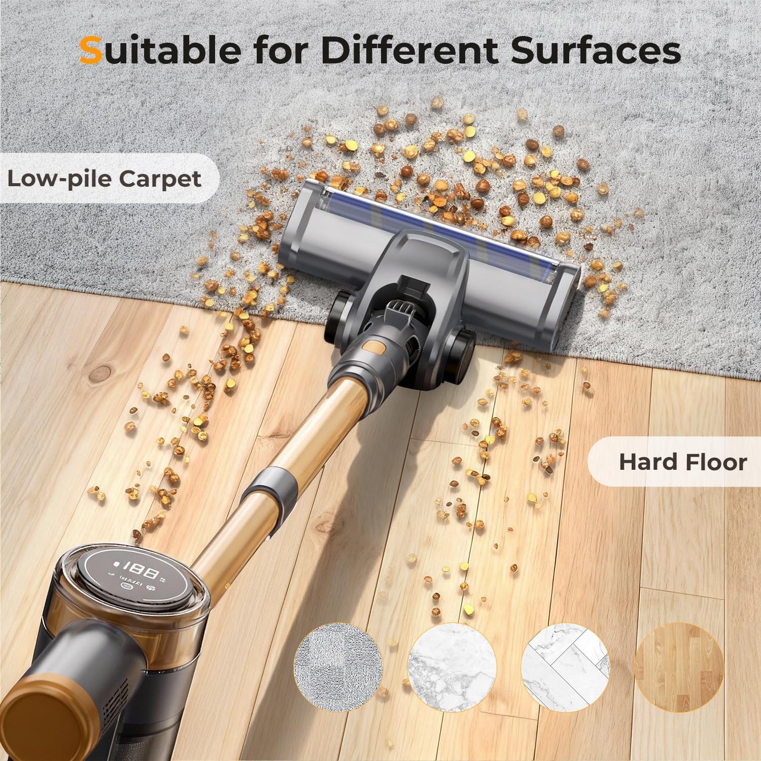 Cordless Vacuum Cleaner, 30Kpa Vacuum Cleaners for Home, Stick Vacuum with LED Display, 2 Roller Brushes for Anti-Tangle & Hard Floor, 6 in 1 Lightweight Vacuum for Hard Floors Carpet Pet Hair