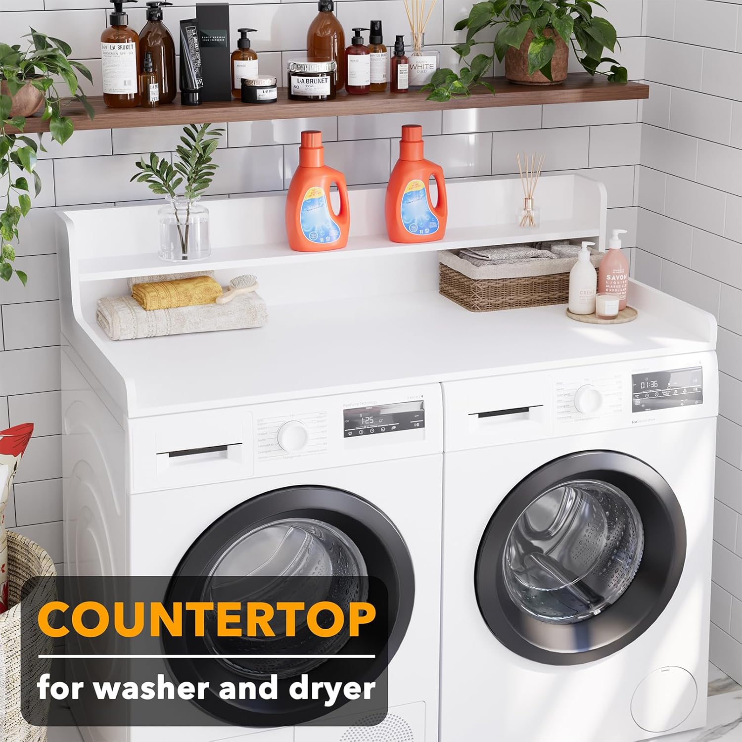 SpaceAid Washer Dryer Countertop with 2-Tier Shelf, Wood Topper with Edge, 54