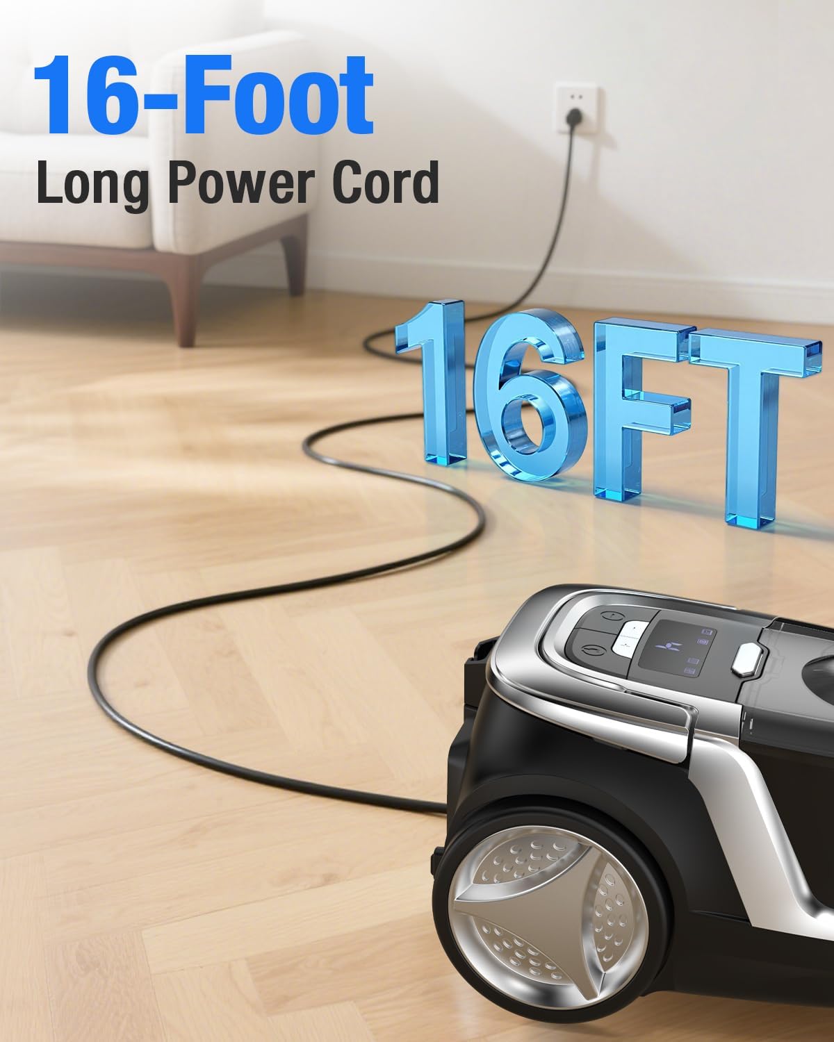 Zefiro Canister Vacuum Cleaner, 40Kpa 1600W Bagless Vacuum Cleaner,Lightweight Vacuum for Hard Floors, Carpet, Pet