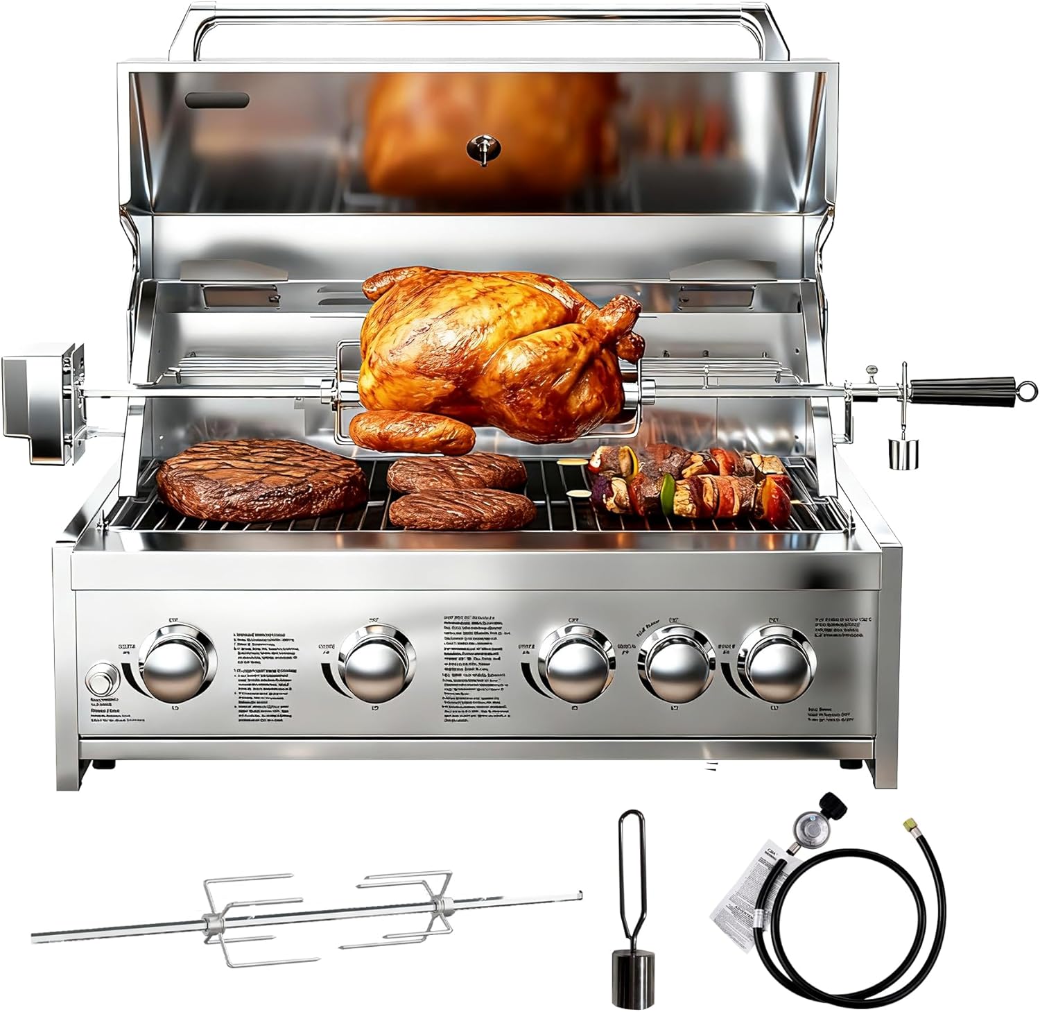 BODEGA Gas Grill Built-In Head, 30-Inch 5-Burner Propane Grill, LP Gas & Natural Gas Convertible, Heavy Duty 304 Stainless Steel 58000-BTUs BBQ Island Kitchen Gas Grill Outdoor Cooking.