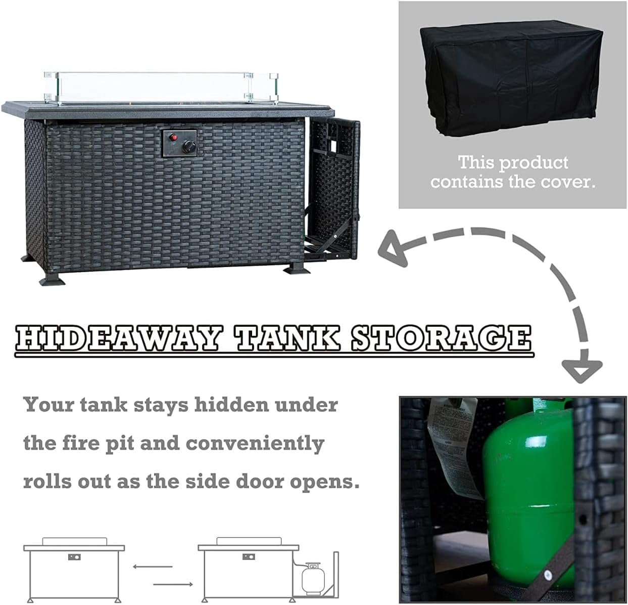 Kozyard Outdoor Patio Propane Gas Fire Pit Table - 50,000 BTU Wicker Design with Aluminum Tabletop, Glass Wind Guard, Clear Glass Rocks, and Slide Out Tank Holder - Ideal Patio Fire Table (Gray)