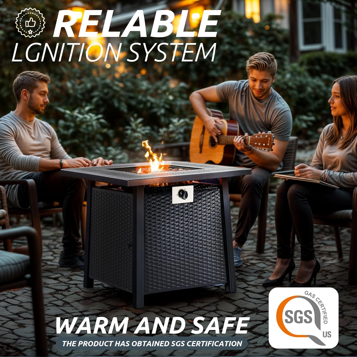 Propane Fire Pit Table,Out Door Fire Pits & Fireplaces,Gas Fire Pit with Lid and Lava Rock.Square Black Fire Pit Table on Patio Deck & Garden Backyard. (Raven‌ Black, 28-inch)