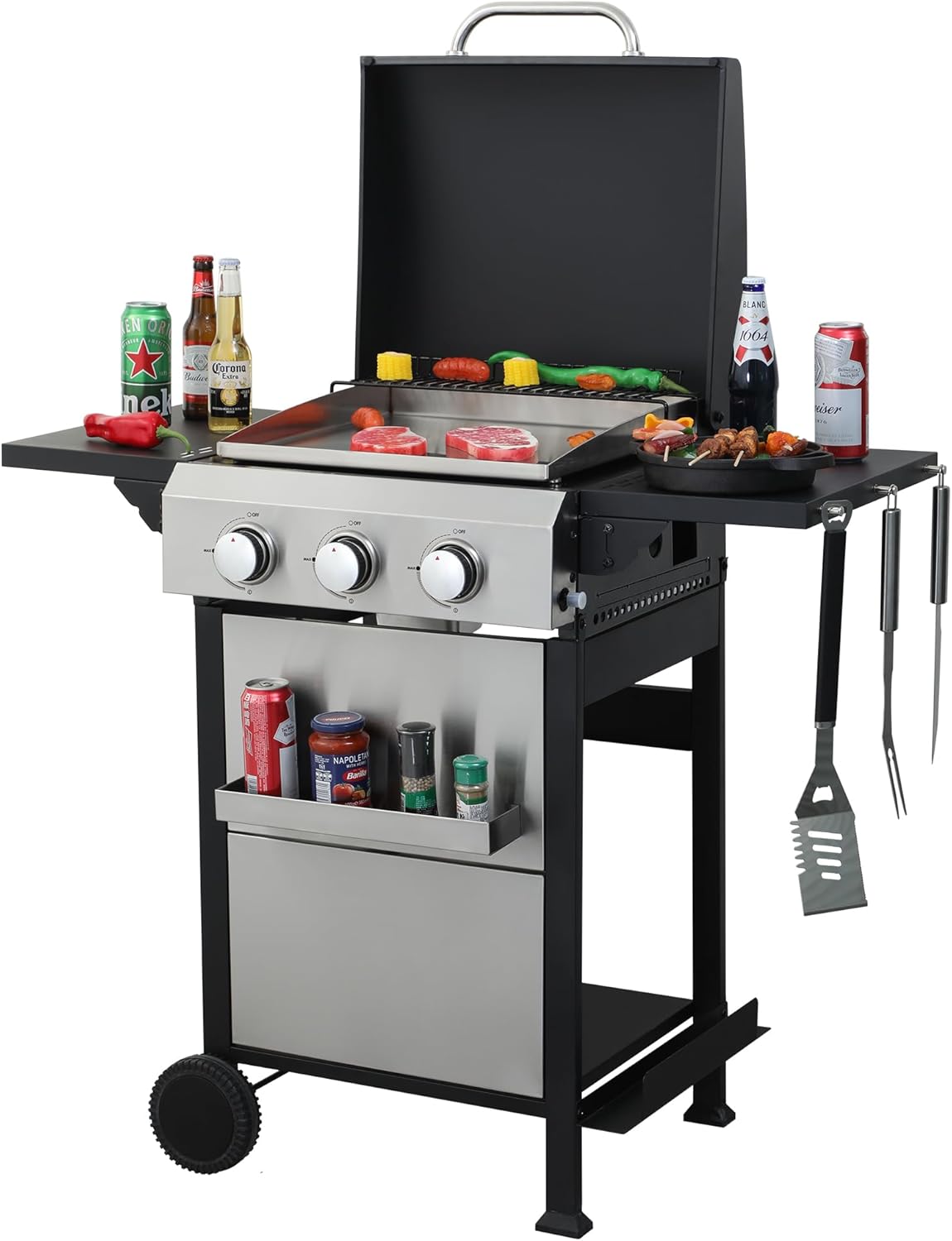 3-Burner Propane Gas BBQ Grill with Stainless Steel Plancha, 36900BTU Output Stainless Steel Gas Grill with Wire Enamel Cooking Grids, & Foldable Side Table, Hanging Basket for Outdoor & Garden