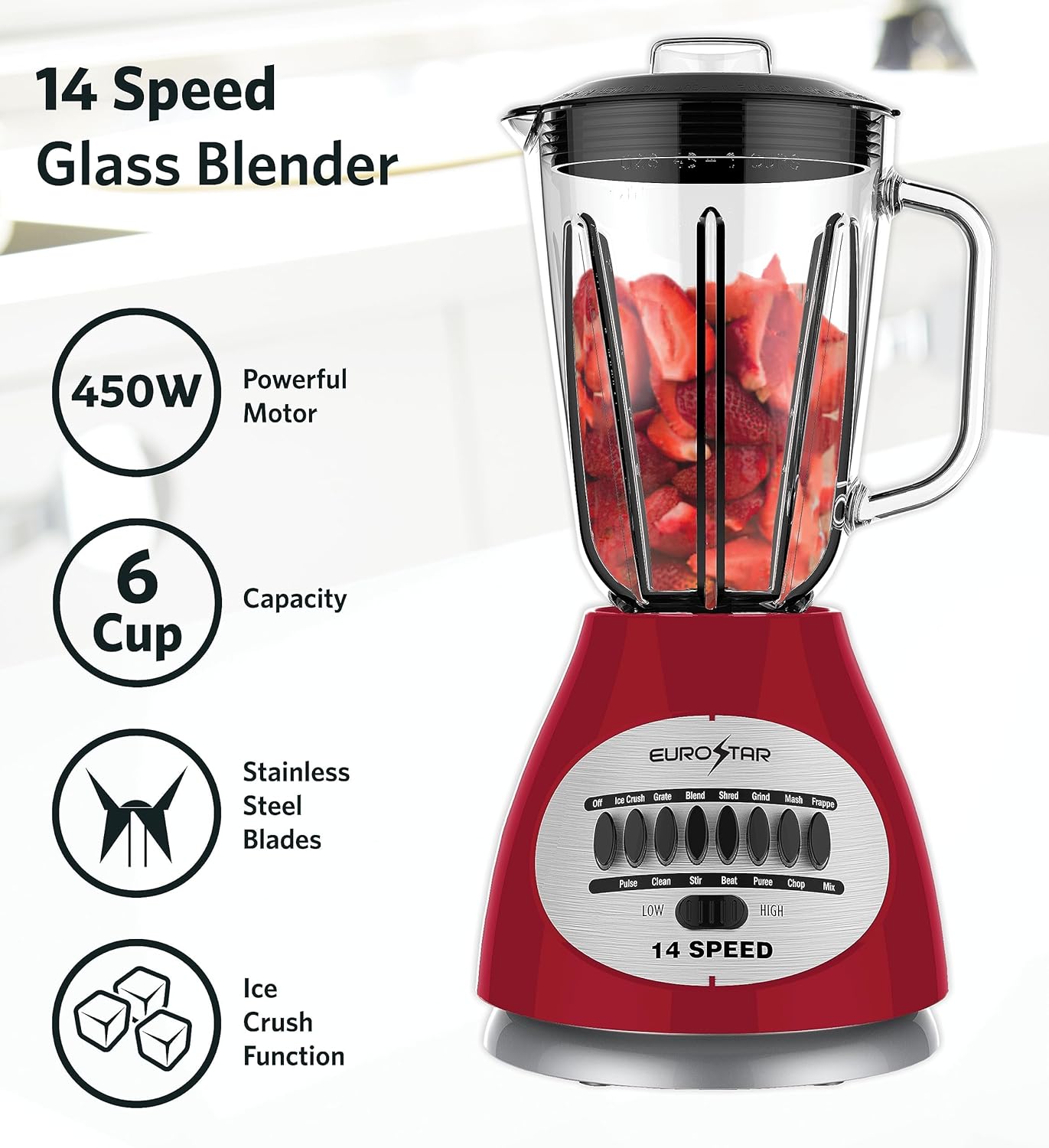 EUROSTAR 450W 14-Speed Glass Jar Blender (RED)