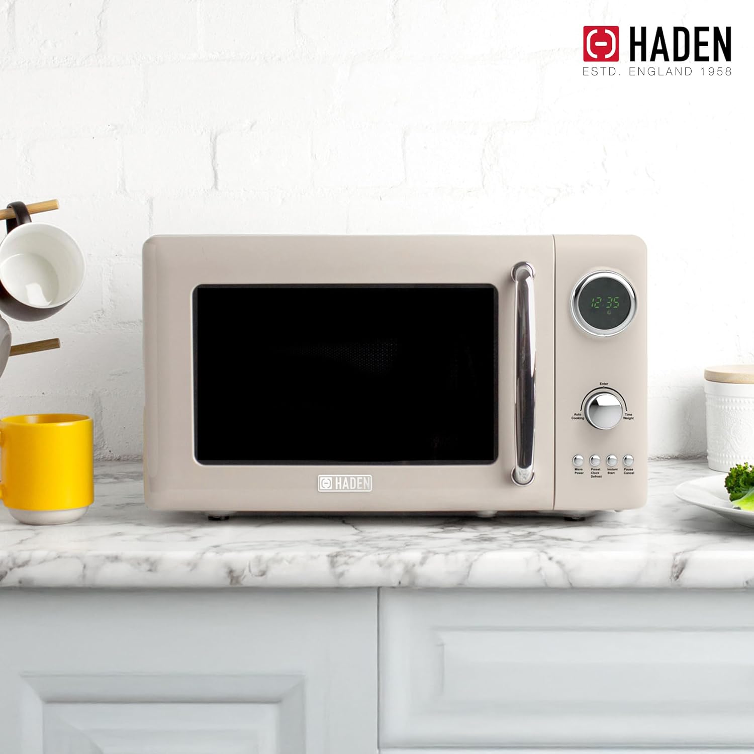 Haden 700 Watt 0.7 Cubic Foot Microwave Oven with Digital Controls, Defrost, and Instant Start Countertop Small Appliance, Putty/Chrome