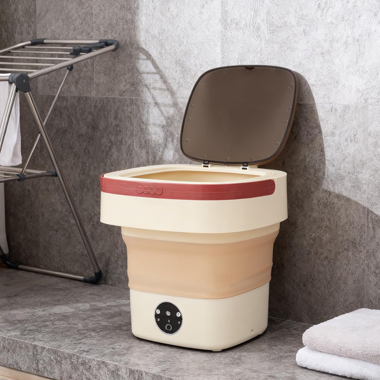 Diydeg Underwear Washing Machine, 8L Foldable Washer Mini Washer with 3 Cleaning Modes Drain Basket, Small Laundry Machine for Toddler Clothes Underwear Socks (Khaki)