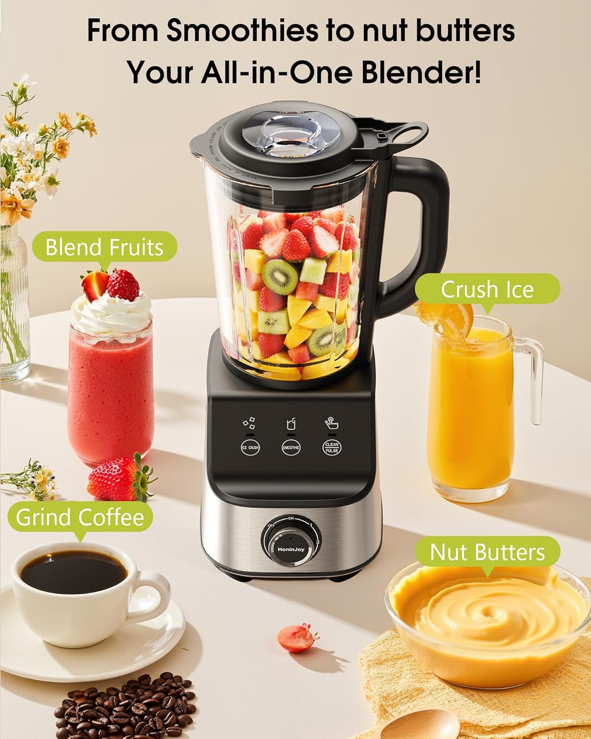 Countertop Blenders for Kitchen, 1400W Professional Blender for Smoothies, 3 Functions with 5 Speeds Smoothie Blender, with 51-oz Glass Jar, Grinder & Portable Cup Combo, Self-Cleaning