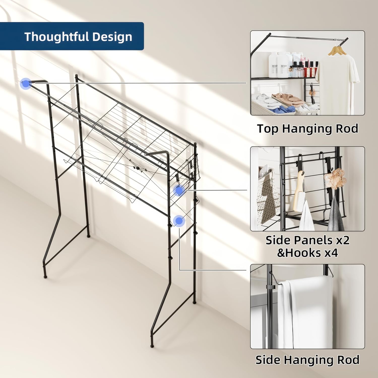 Laundry Room Storage Shelf, 2 Tier Metal Over Washer and Dryer Shelves, Washing Machine Shelf with Hanger Rods & Hooks, Expandable Bathroom Space Saver Shelf, 26–36.8