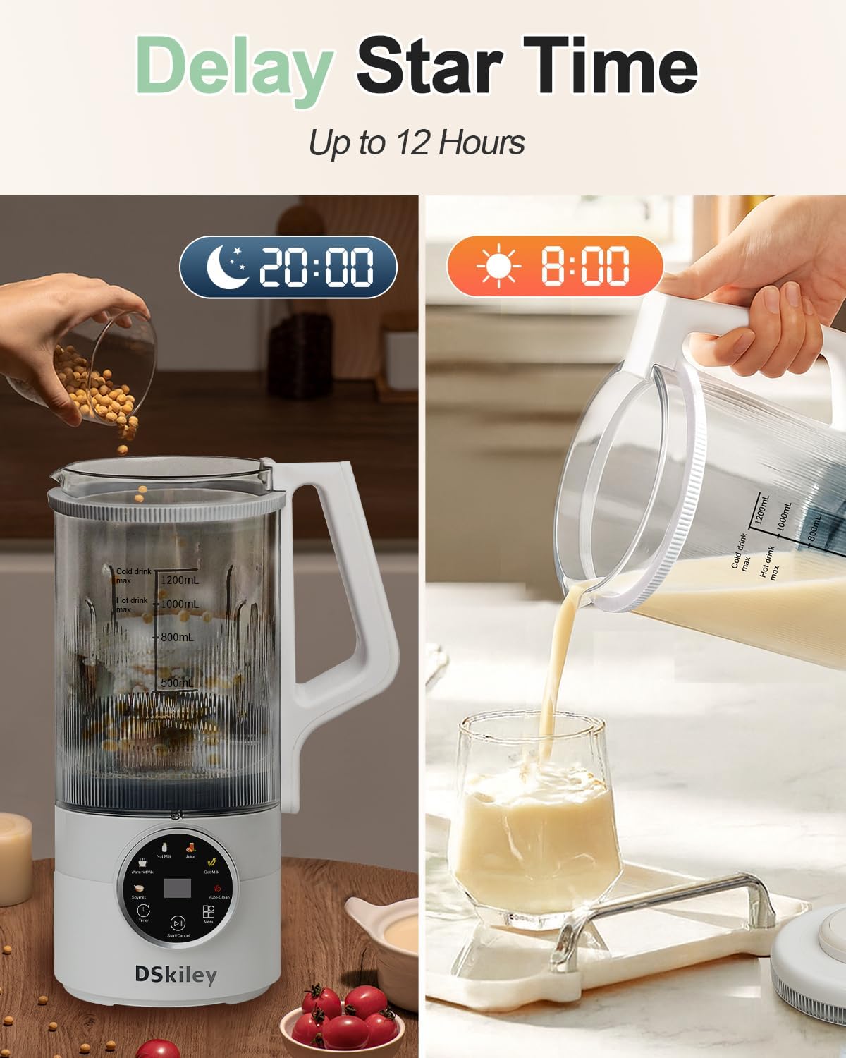 40oz Nut Milk Maker Machine, Automatic Plant Milk Maker with 10 Blades, No Soaking Needed, Smooth Almond Oat Soy Milk & Juice, 12H Delay Start, Auto-Clean, Safety Lock