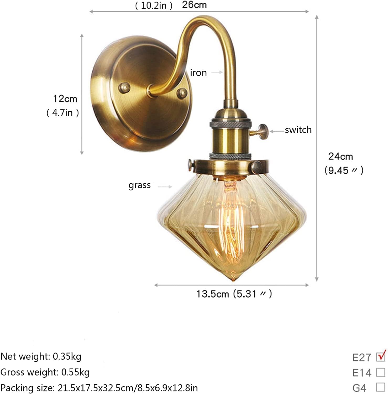Gold Brass Wall Sconce V-intage Clear Glass Lamp Mount Light Fixture,Household