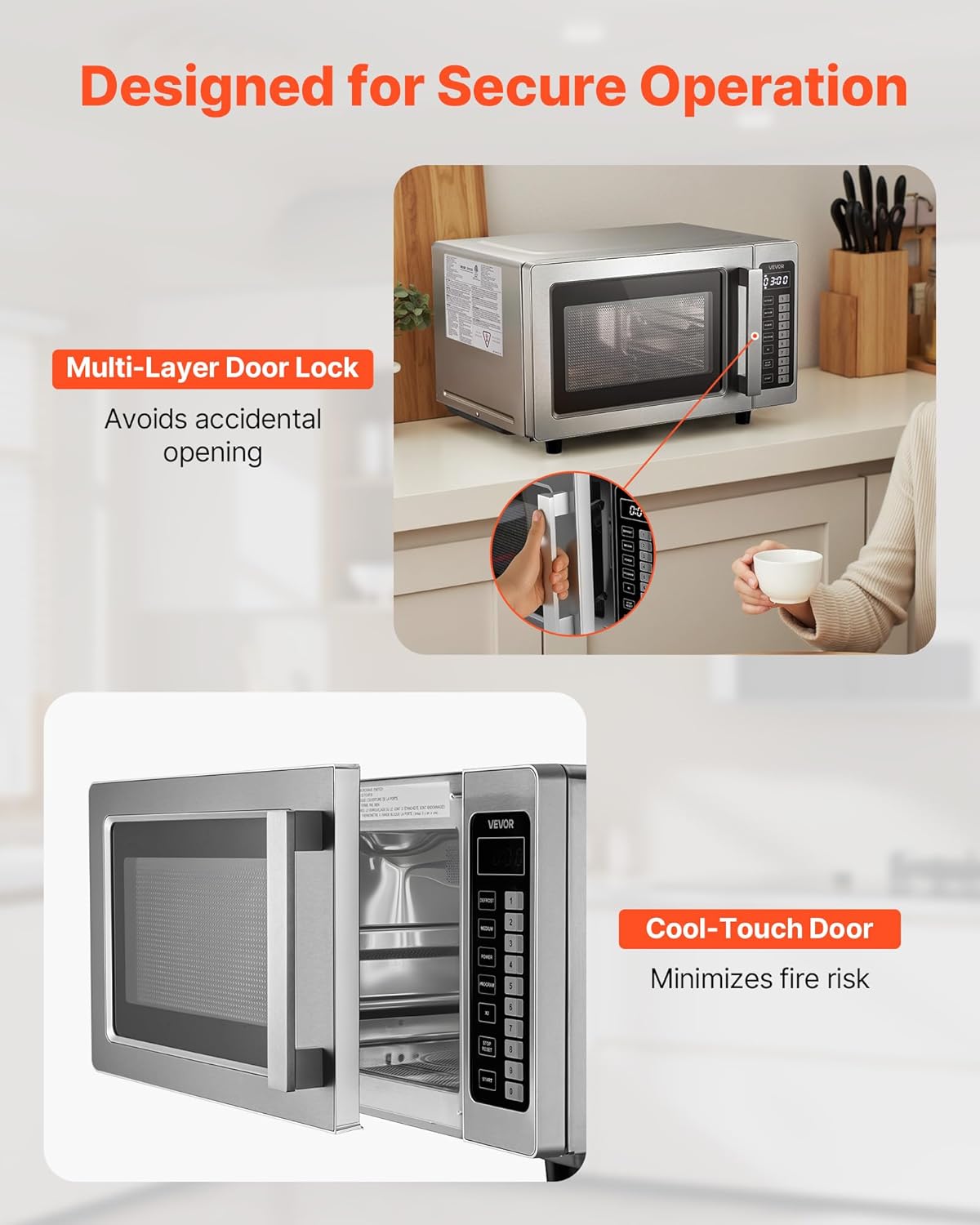 VEVOR Commercial Microwave Oven, 0.9 Cu Ft, 1000W Digital Stainless Steel Countertop Microwave Oven with Touchscreen, 10 Cooking Presets, 5 Power Levels, Multi-Lock Door & Easy Clean for Restaurants