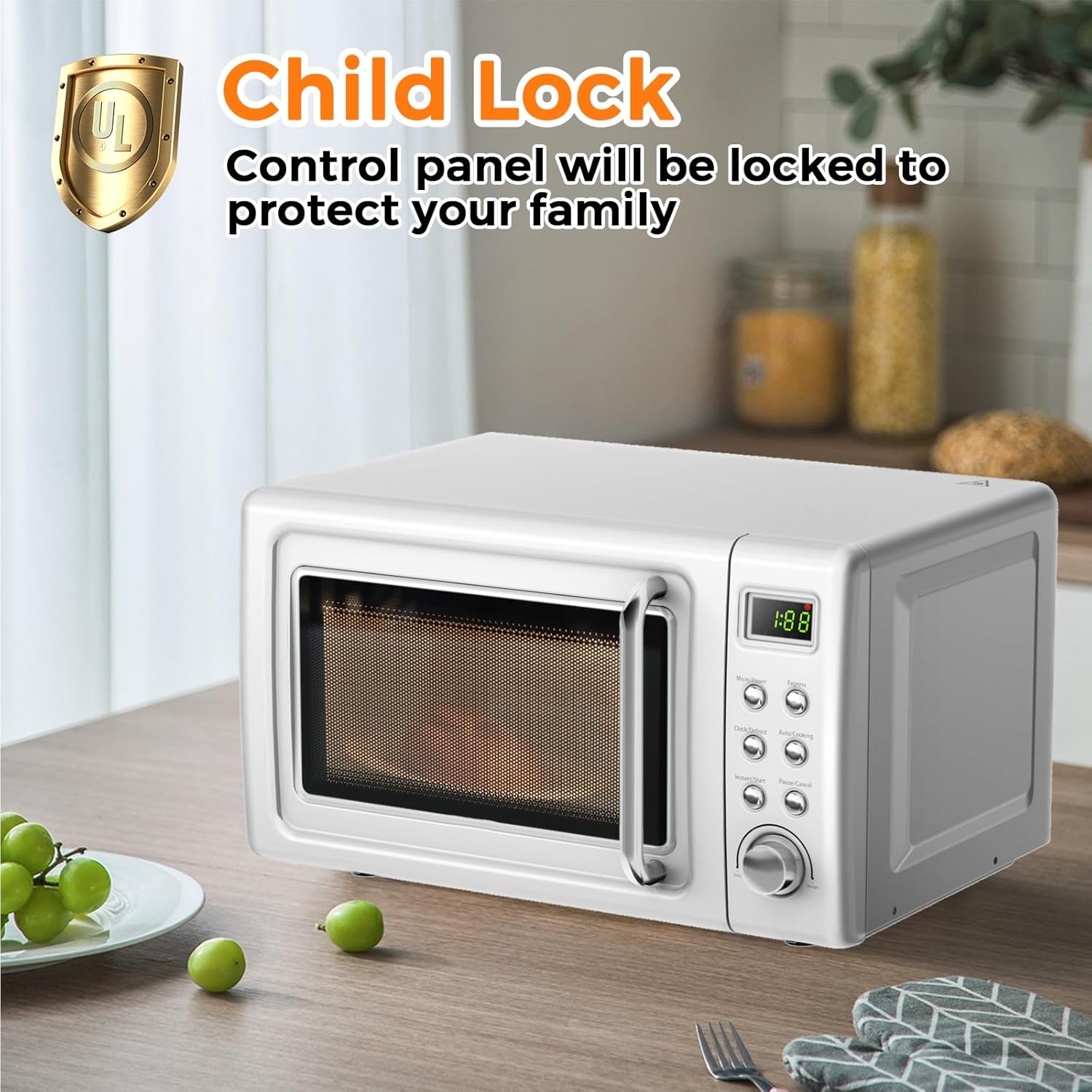 LDAILY 0.7Cu.ft Retro Small Microwave Oven, 700W Compact Countertop Microwave with 5 Power Levels, Auto Cooking Menus, Glass Turntable, Child Lock & Glass Turntable for Apartment, Dorm (White)