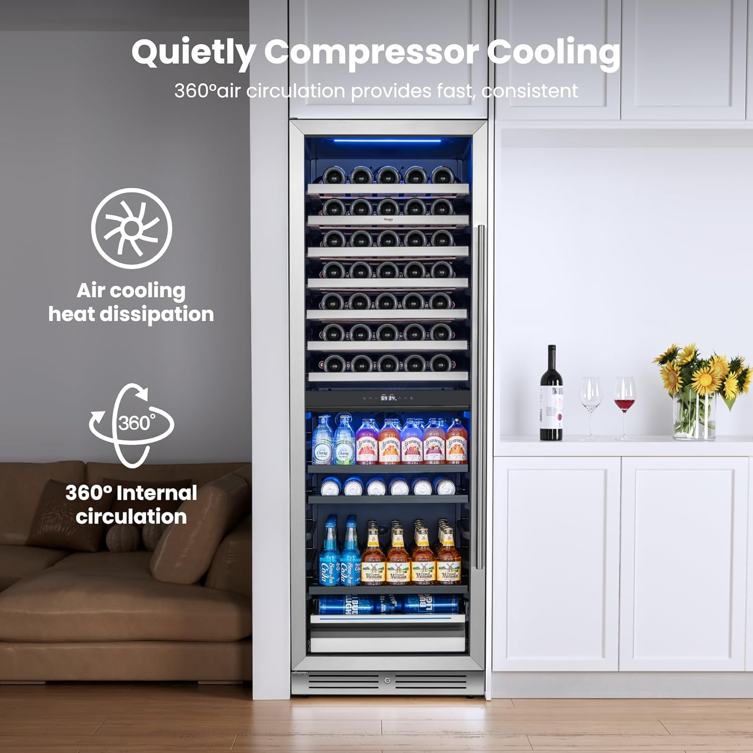Yeego Wine Fridge – 24 Inch Wine and Beverage Cooler 34°F-65°F, 304 Stainless Steel Glass Door Lock, Temp Memory Blue & White LED Built-in Fridge Left-hand Opening with Drawer (182 Can+77 Bottle)