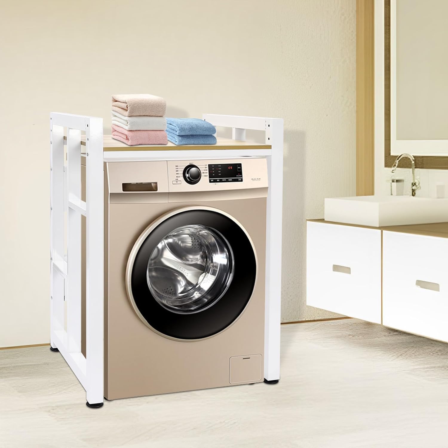 Heavy-Duty Washer Dryer Stacking Rack Stand, 419lbs Capacity Storage Shelf with Height Adjustable Shelf, for Laundry Room, Bathroom, Kitchen to Hold Dryer, Washer, Microwave (White+Light Walnut)