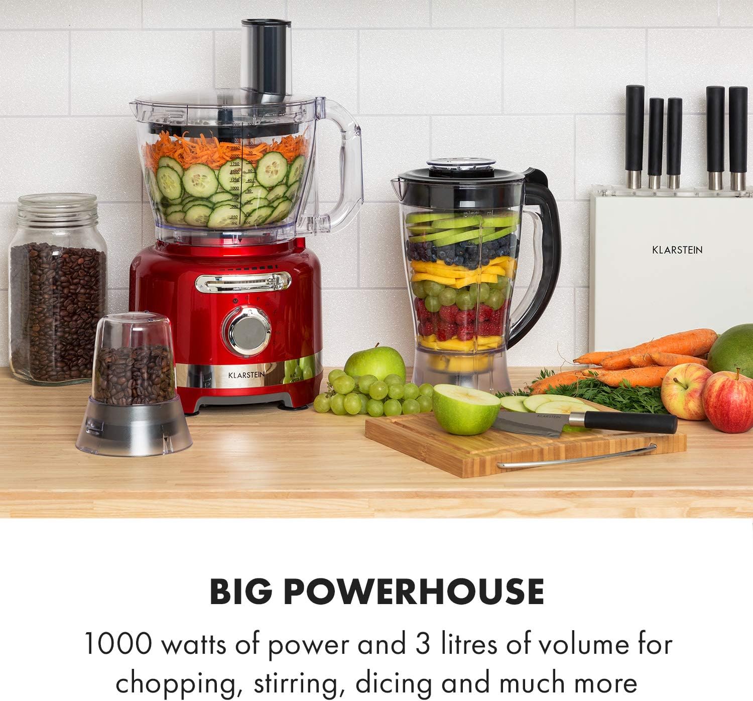 Klarstein Luca Multi-Function Mixer Blender Chopper Kitchen Grater Juicer Food Processor, 1000 Watt, Stepless, 6 Levels, BPA Free, 3 Litres, 3 L Measuring Cup, Spatula, Red