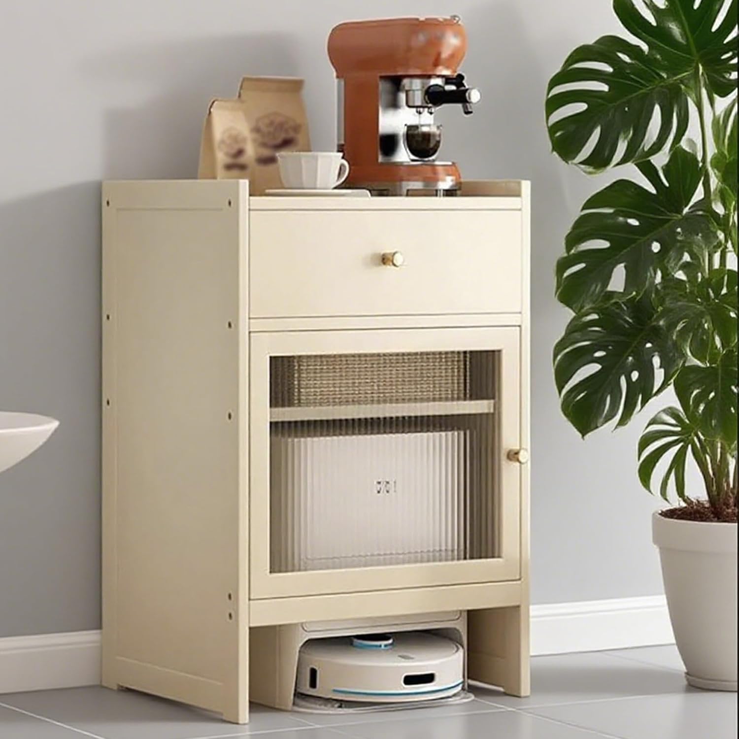 Vacuum Cleaner Storage Cabinet, Reversible Sweeping Robot Storage Rack Side Table for Living Room, Home, Office, Easy to Clean(Natural)